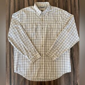 Timberland Men’s Beige Brown Fishing Plaid Long Sleeve Shirt Turbo Dry SZ Large